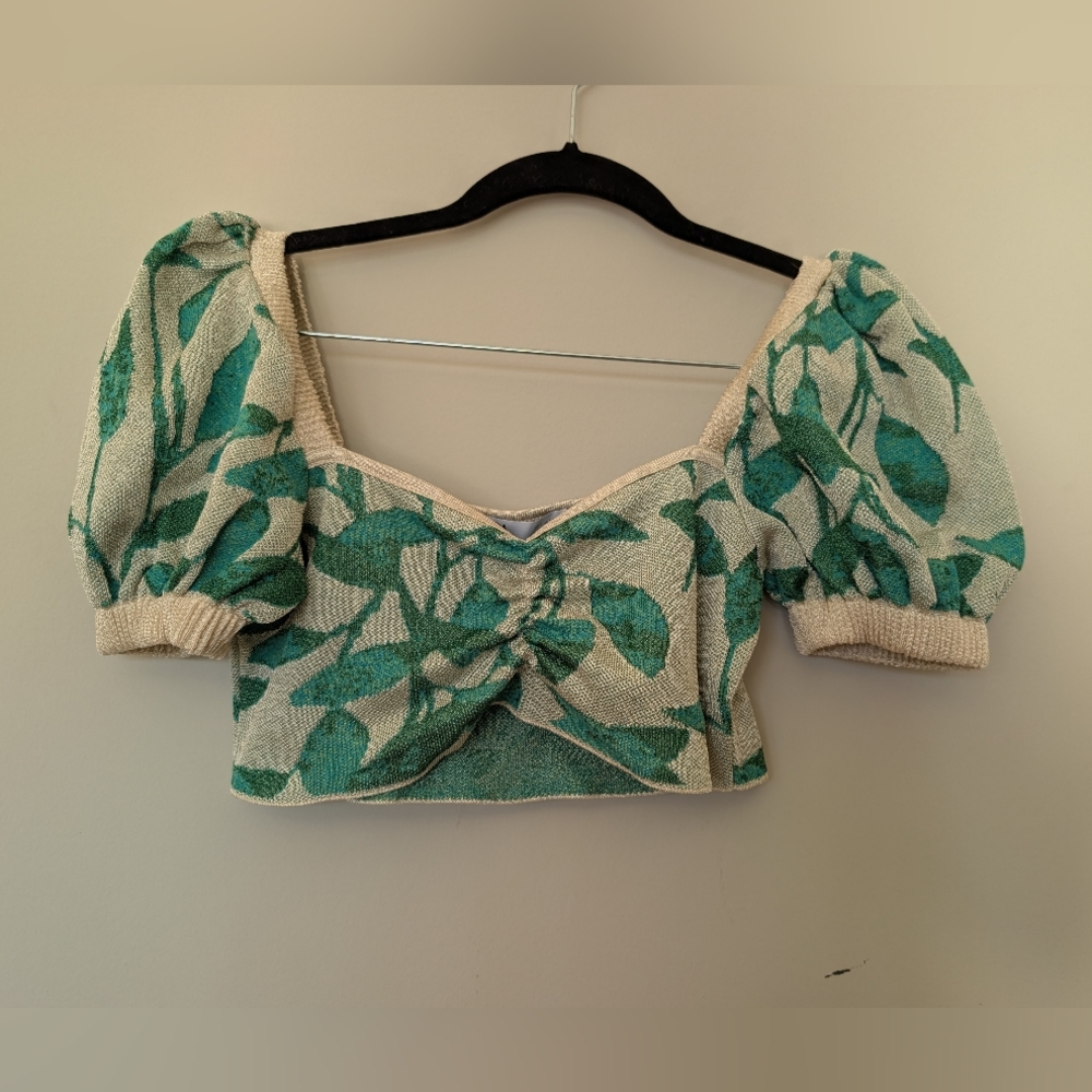 Green Leaf Print Puff Sleeve Crop Top